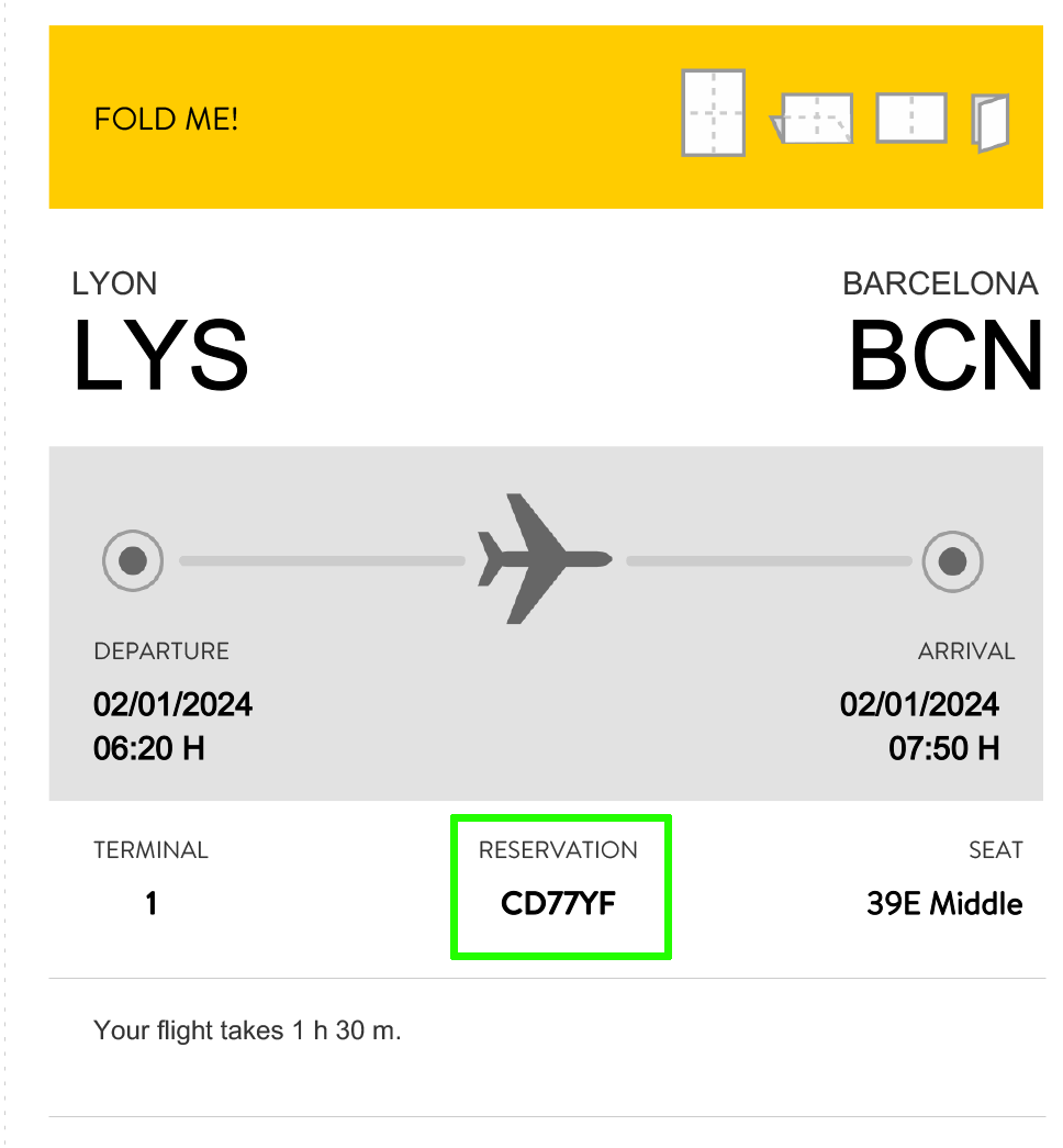 Ejemplo de dónde aparece el PNR en la tarjeta de embarque